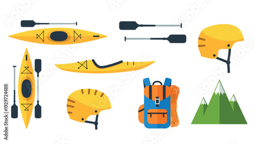 yellow kayak set with paddles helmet backpack and mountain illustration in flat style