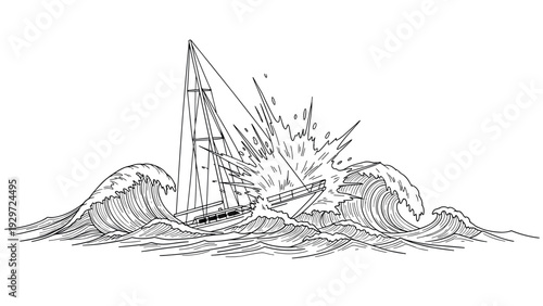 sailboat crashing into waves hand drawn line art nautical illustration