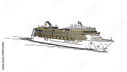large cruise ship sailing on water hand drawn detailed illustration for travel and vacation