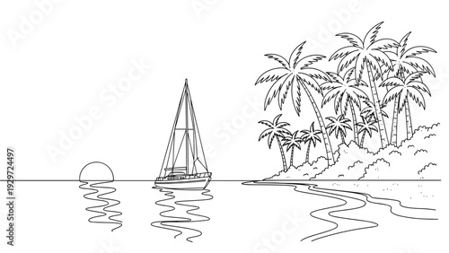 sailboat near tropical island with palm trees at sunset hand drawn line art illustration