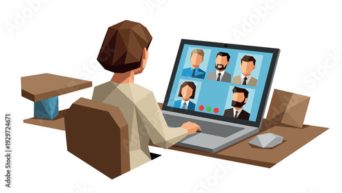 woman attending video conference call on laptop geometric low poly illustration
