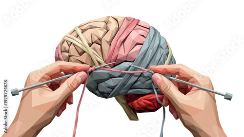 hands knitting a brain concept abstract low poly style creative illustration