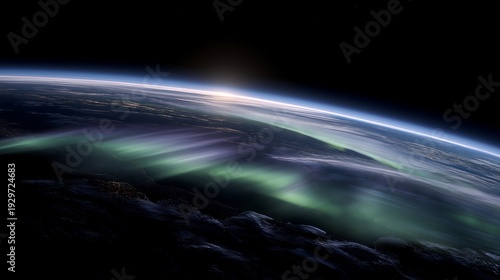 Aurora borealis viewed from orbit above Earth with green and purple light ribbons over polar region, perfect for space photography concept, orbital perspective, natural phenomenon, atmospheric