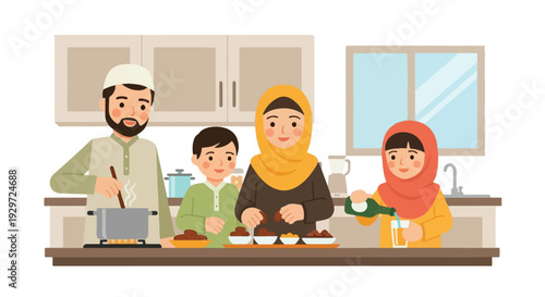 A Muslim Family Preparing Food Together in the Kitchen