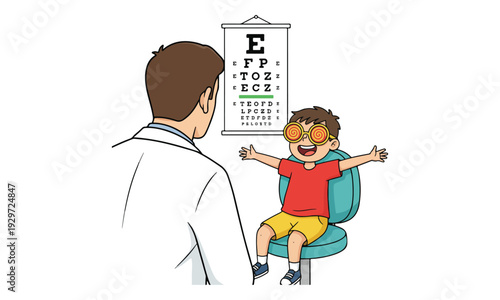 Boy Eye Exam with Funny Glasses at Optometrist's Office