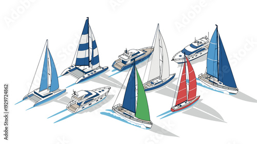 collection of various sailboats and yachts with colorful sails in hand drawn style for marine and nautical design