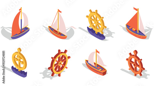 isometric sailboats and ship wheels collection with colorful flat design for maritime and nautical themes