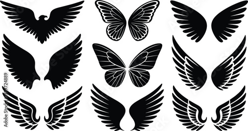 Angel and butterfly wings silhouette collection isolated on white background, decorative feather emblem fantasy vector design bundle