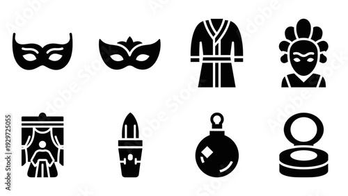 set of carnival and theater costume accessories with masks robe makeup and stage icons in black silhouette style