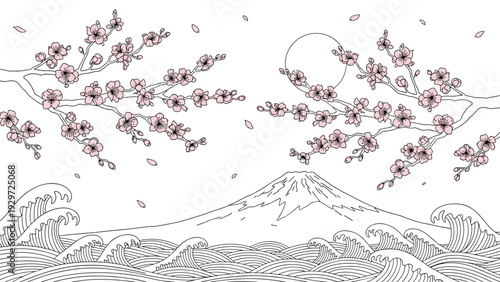 hand drawn cherry blossom branches with pink flowers over japanese style mountain and ocean waves outline illustration