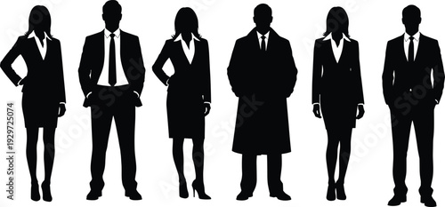 Silhouettes of Professional Business Team Standing in Formal Attire Isolated on White Background, Corporate Leadership and Workforce Concept Illustration