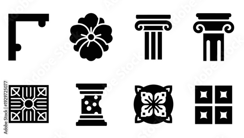 black silhouette set of classical architecture elements decorative columns floral patterns and ornamental tiles
