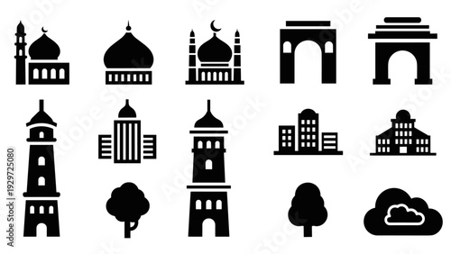 collection of islamic mosque landmarks towers buildings trees and cloud icons in black silhouette style