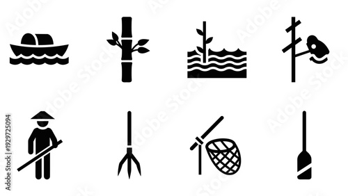 black silhouette icons of bamboo cultivation and harvesting hand drawn style set
