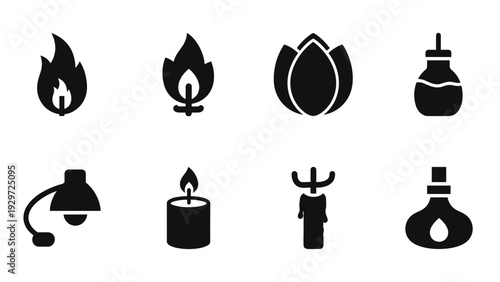 set of fire and flame icons in solid black style with candle oil lamp and flower flame symbol collection