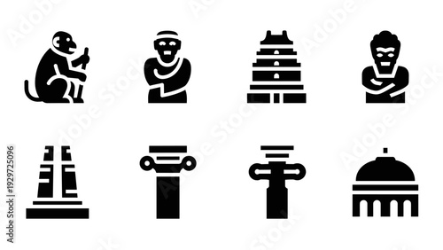 ancient architecture and cultural symbols black silhouette icon set hand drawn style for history and heritage design