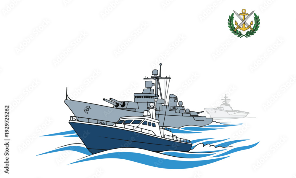 Fototapeta premium Naval Fleet Illustration with Patrol Boat, Frigate, and Emblem