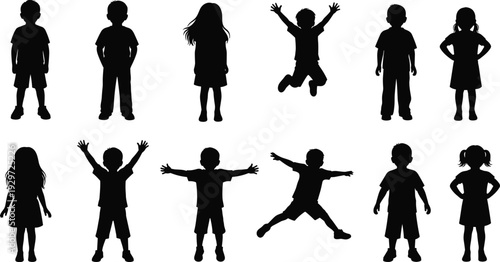 Silhouette illustration of diverse children in standing and playful poses, boys and girls jumping, raising arms, perfect for educational, artistic, and creative projects