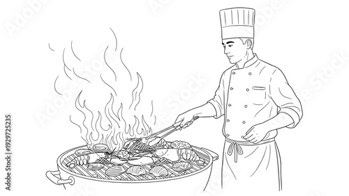 chef grilling assorted seafood on barbecue grill hand drawn line art illustration