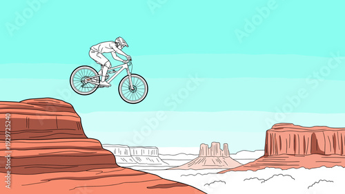 mountain biker jumping between cliffs hand drawn illustration outdoor extreme sport