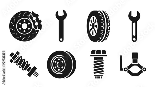 set of black and white hand drawn car repair tools and spare parts icons