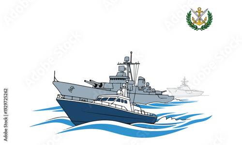 Naval Fleet Illustration with Patrol Boat, Frigate, and Emblem