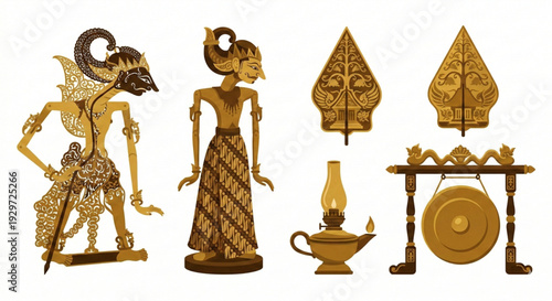 Traditional Indonesian Wayang Kulit puppets, gong, oil lamp, and shadow theatre elements