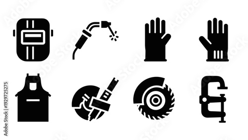 set of black welding tools and safety equipment icons hand drawn style