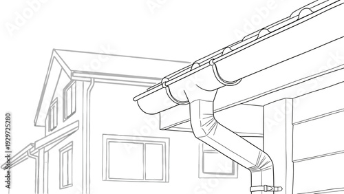 house exterior rain gutter and downspout hand drawn line art illustration