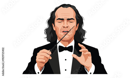 Male Orchestra Conductor with Baton and Closed Eyes in Tuxedo