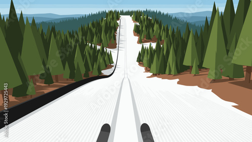 first person view skiing downhill on snowy mountain slope surrounded by green pine trees and forest landscape flat vector illustration