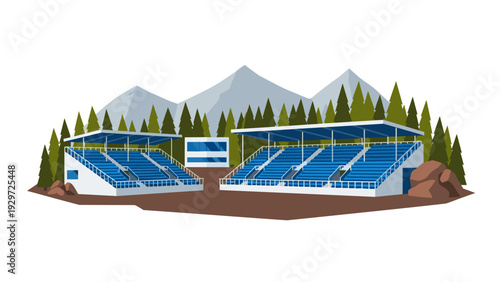 outdoor stadium seating with blue chairs and covered stands in forest landscape with mountains vector illustration