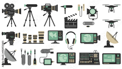 collection of modern video and film production equipment icons hand drawn style including cameras lenses drones monitors headphones and satellite dishes