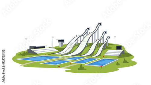 ski jumping hill set with ramps and landing pools in vector style winter sports facility illustration