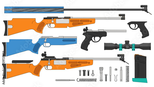 collection of detailed hand drawn rifle and pistol parts with scope and magazine illustration
