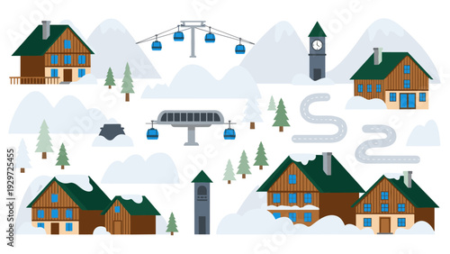 mountain ski resort with wooden chalets cable cars pine trees and snowy landscape flat vector illustration