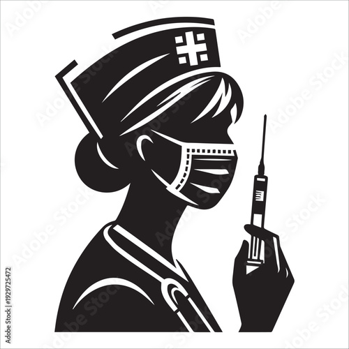 Nurse with syringe in futuristic medical helmet and protective gear  silhouette vector illustration