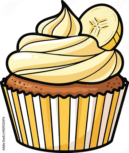Delicious Banana Cupcake with Swirled Frosting and Banana Slice.