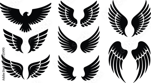 Black angel wings silhouette collection with bird wing variations isolated on white, fantasy feather emblem vector design set