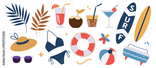 summer beach elements collection, sea resort graphic objects, vector decorative stickers, swimming equipment icons, tropical vacation themed design set, seaside illustration bundle.