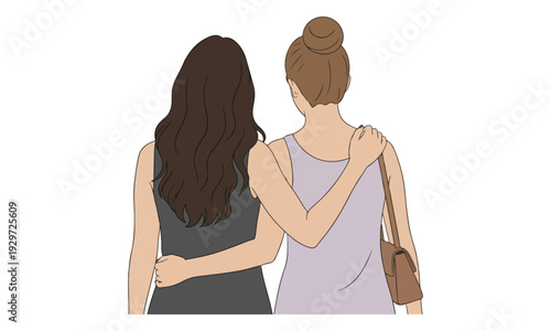Women Friends Embracing from Behind, Simple Illustration