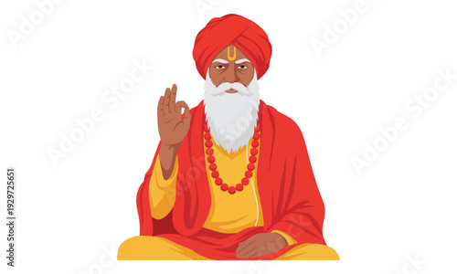 Hindu Guru Sitting in Meditation Pose with Gyan Mudra and Turban