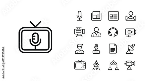 Mass Media Outline Icon Set Journalism News Broadcasting Editable Stroke Vector Illustration Collection