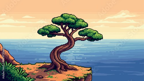 pixel art twisted bonsai tree on cliff with ocean at sunset scenic landscape