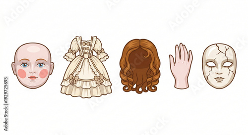 A captivating assortment of traditional doll making elements and theatrical accessories for creative projects