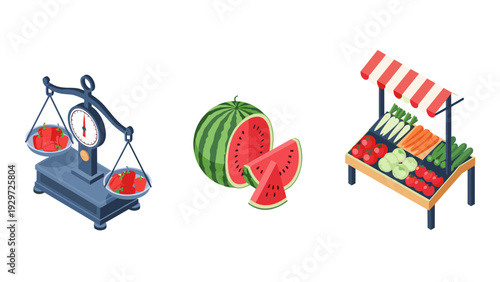 isometric fresh vegetable market stall with weighing scale and sliced watermelon hand drawn illustration