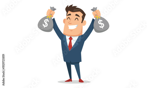 Businessman holding two dollar money bags, celebrating financial success