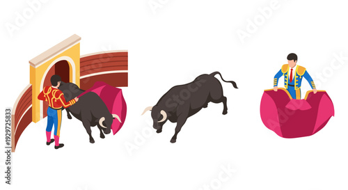 isometric bullfighting matador and bull set hand drawn vector illustration for sport and entertainment design