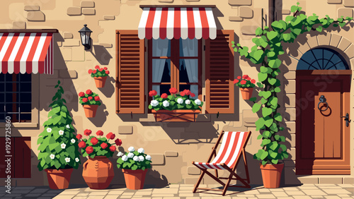 Mediterranean house facade with wooden window shutters striped awnings and potted plants in flat style