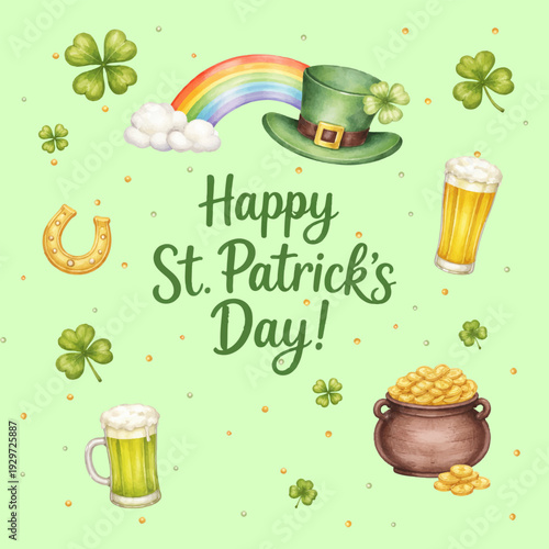 Festive St. Patrick’s Day clipart collection isolated on transparent background. The set includes a green leprechaun hat with clover, rainbow with clouds, shamrocks, horseshoe, beer glass, beer mug